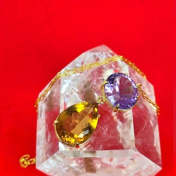 925 Sterling Silver Necklace 14K Gold Pl with Natural Amethyst & Honey Quartz - Picture 7 of 12